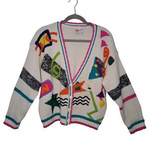 Vintage 80s One Step Up White Colorful Button Up Cardigan Size Medium